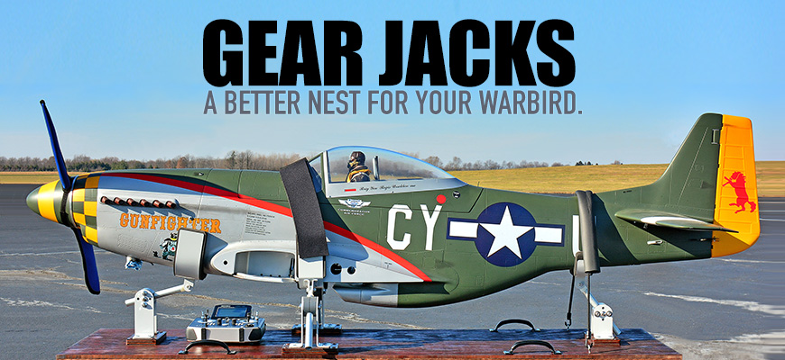 RC warbird airplane is secured for transport using Random RC Gear Jacks