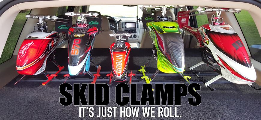 RC Helicopters are secured for transport in SUV using Random RC Skid Clamps and T-Track System 