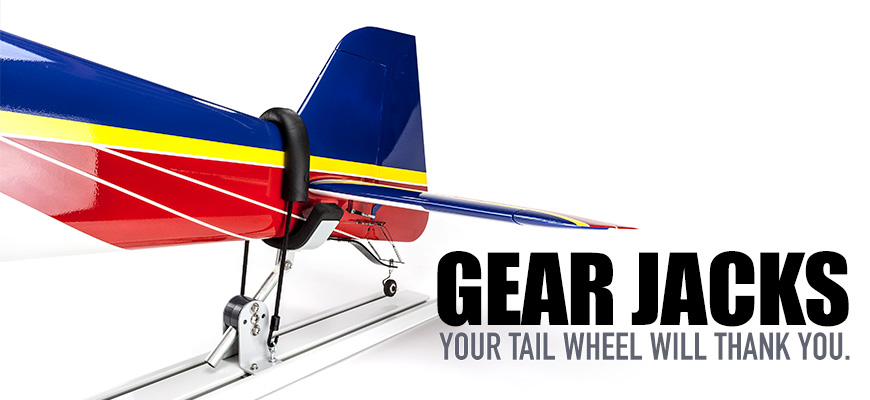 RC airplane is secured for transport using Random RC Gear Jacks Tail Support