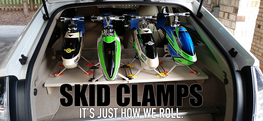 RC Helicopters are secured for transport in SUV using Random RC Skid Clamps and T-Track System 